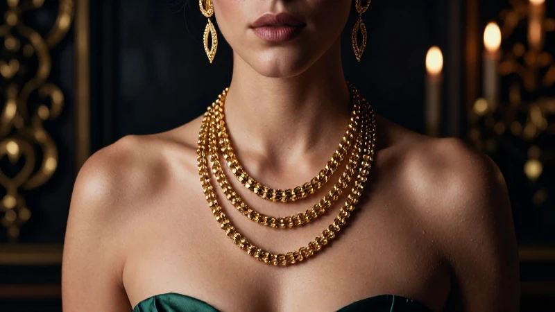 Mujer elegante luce lares y joyas doradas sobre fondo oscuro