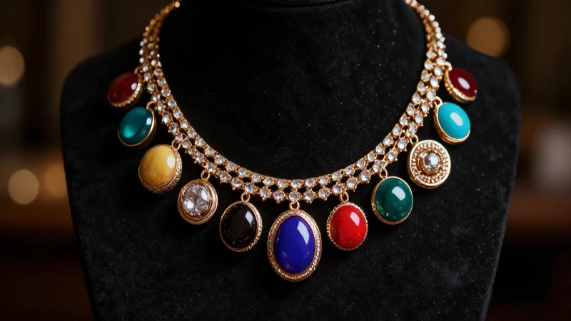 Collar bib destacado en joyería vibrante