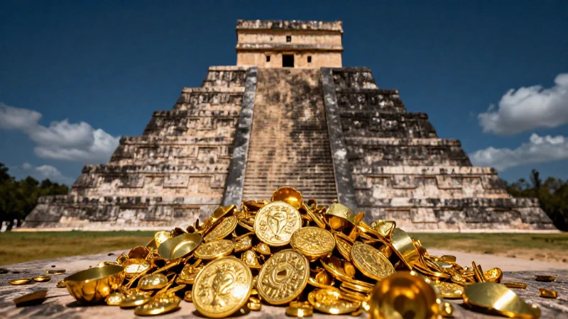 Pirámide azteca dorada con iluminación dramática