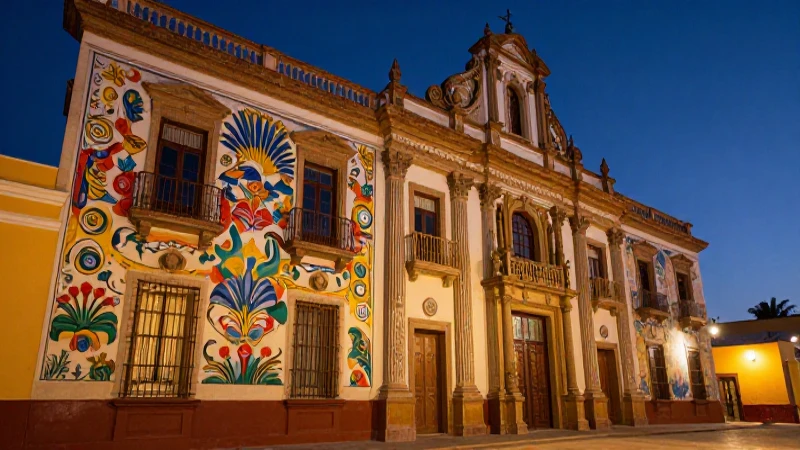 Fachada cultural vibrante con iluminación dramática