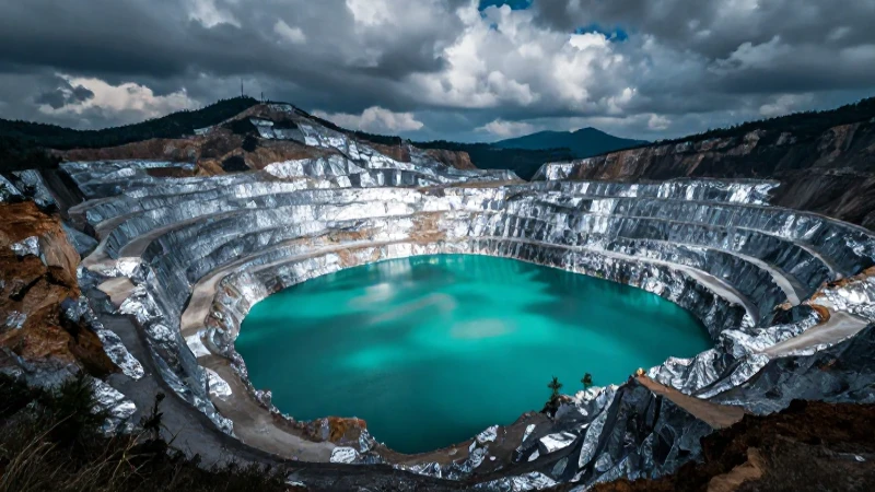Paisaje minero turquesa, dramático y realista