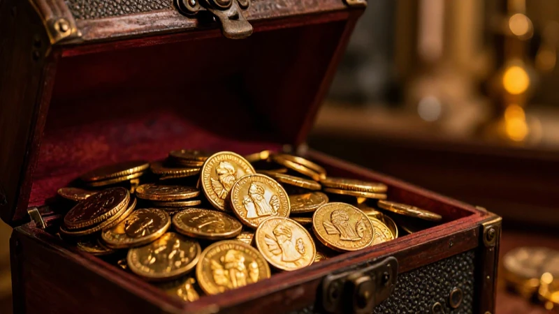 Monedas doradas desbordan una caja antigua