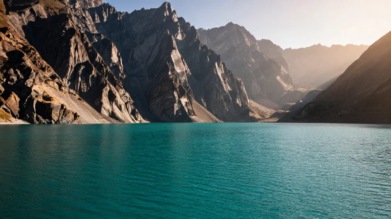 Lago turquesa épico con luz cálida