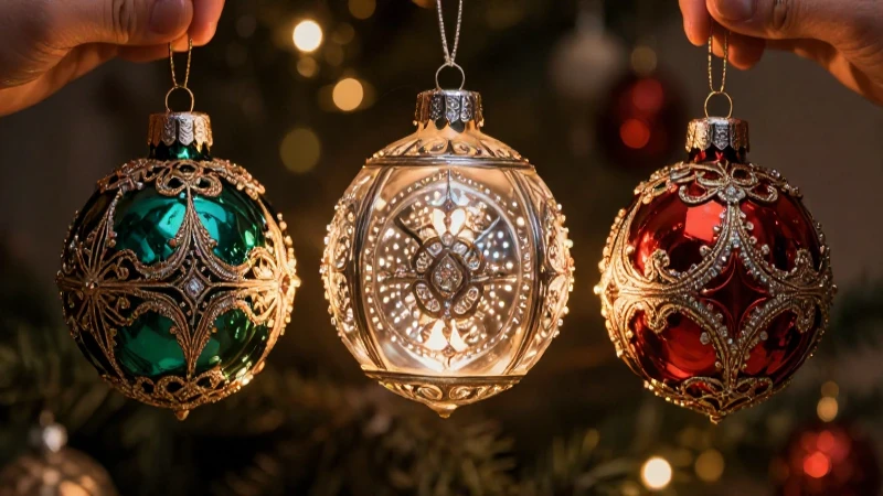 Adornos navideños artesanales bajo luz dramática