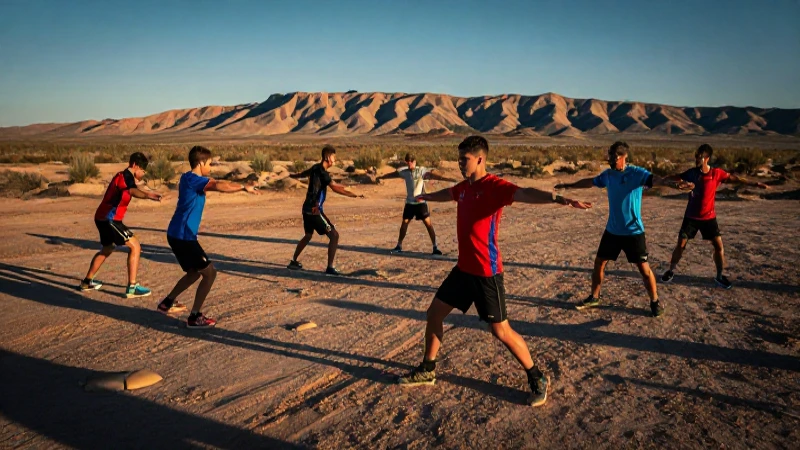 Atletas jóvenes entrenan en desierto cinematográfico