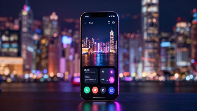 Smartphone moderno con vibrantes luces y ciudad difusa