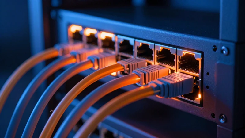 Rack moderno con cableado vibrante y cinematográfico