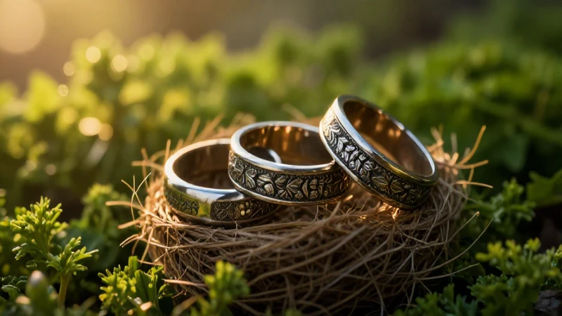 Anillos rústicos en nido con luz dorada