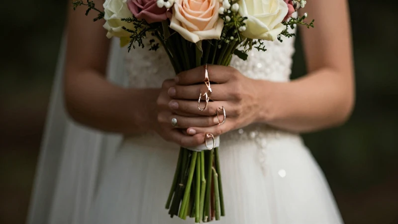 Novia con ramo, anillos y fondo difuso