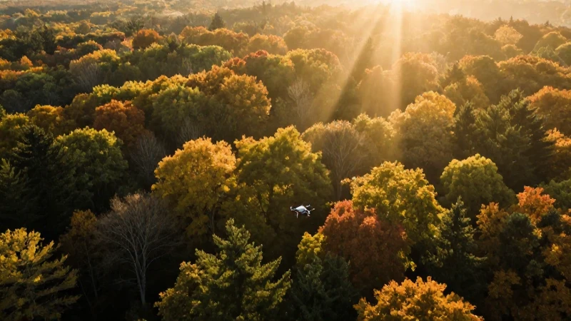 Dron perdido, bosque otoñal, luz dramática