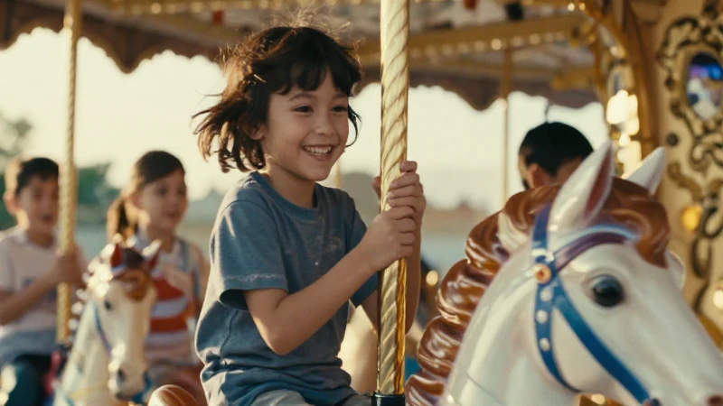 Niños sonriendo en una carrusel dorado
