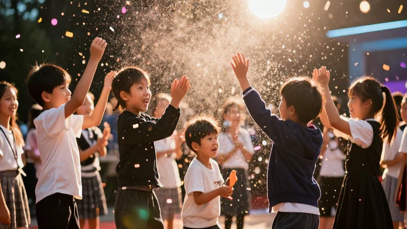Niños vibrantes celebran en una escena dorada