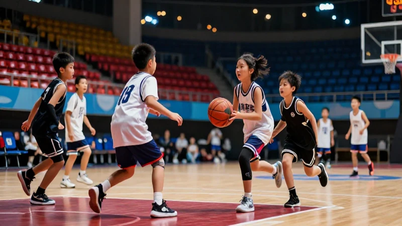 Niños jugando baloncesto con ambiente vibrante