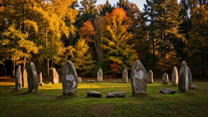 Un círculo de piedras en bosque otoñal dorado