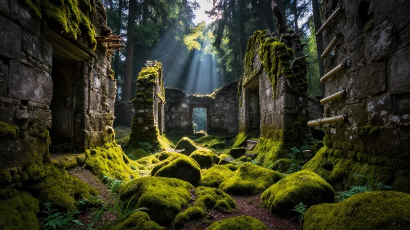 Ruinas boscosas alemanas con mística iluminación dramática