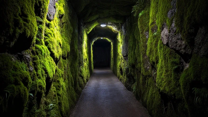 Ciudad subterránea misteriosa con luz vibrante y dramática