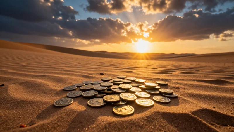 Monedas antiguas brillan bajo atardecer dramático