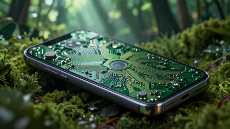 Materiales celulares: De qué está hecho un teléfono celular 5 Smartphone con intrincados circuitos, bosque exuberante