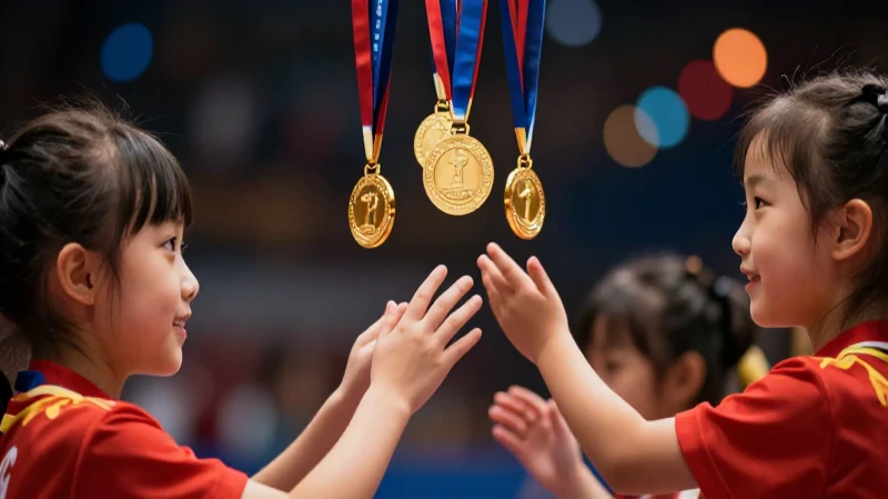 Niñas buscan medallas doradas bajo iluminación cálida