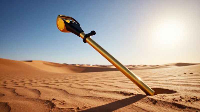 Detector dorado en desierto, luz cinematográfica vibrante