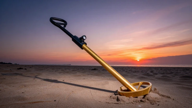 Detector dorado en playa al atardecer vibrante