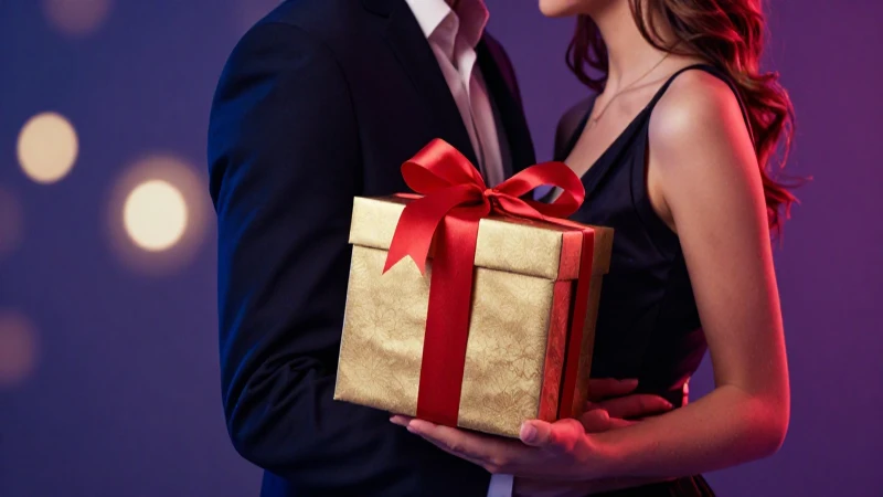 Pareja en abrazo con lujoso presente