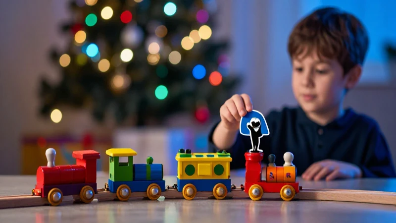 Juguetes vibrantes y niño en ambiente festivo