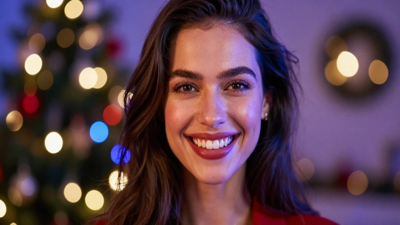 Mujer sonríe en ambiente navideño festivo