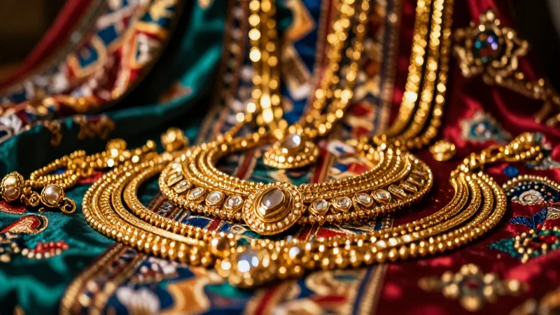Joyas doradas relucientes en fondo lujoso