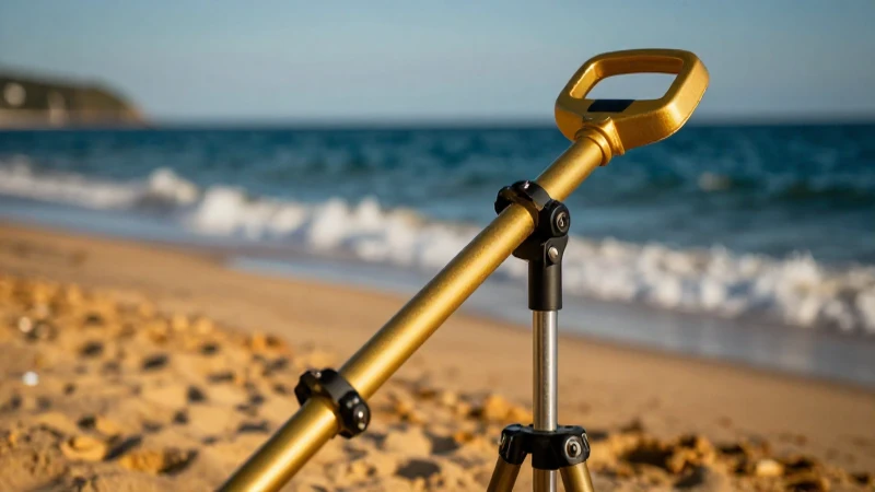Detector dorado en playa, luz cinematográfica impresionante
