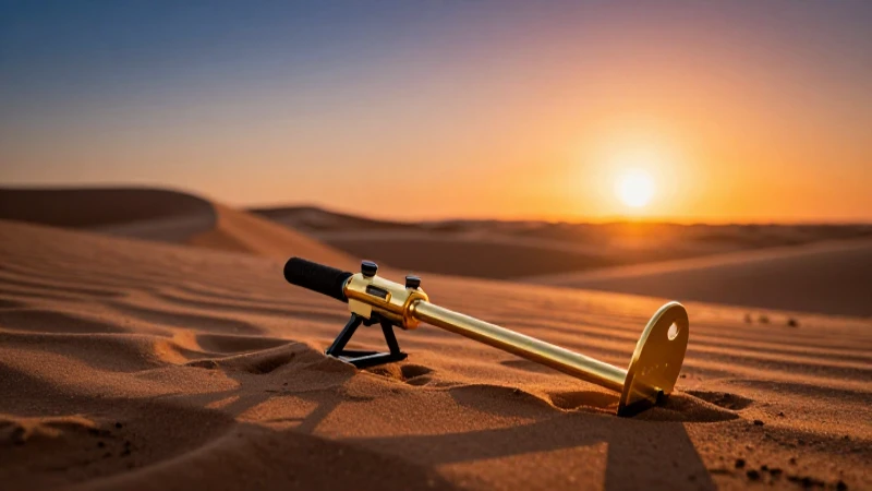 Detector dorado en dunas al atardecer dramático