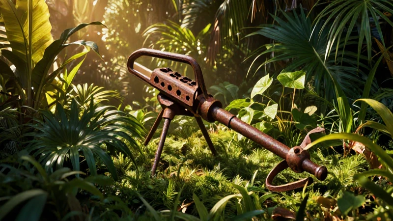 Detector oxidado en jungla, luz cinematográfica