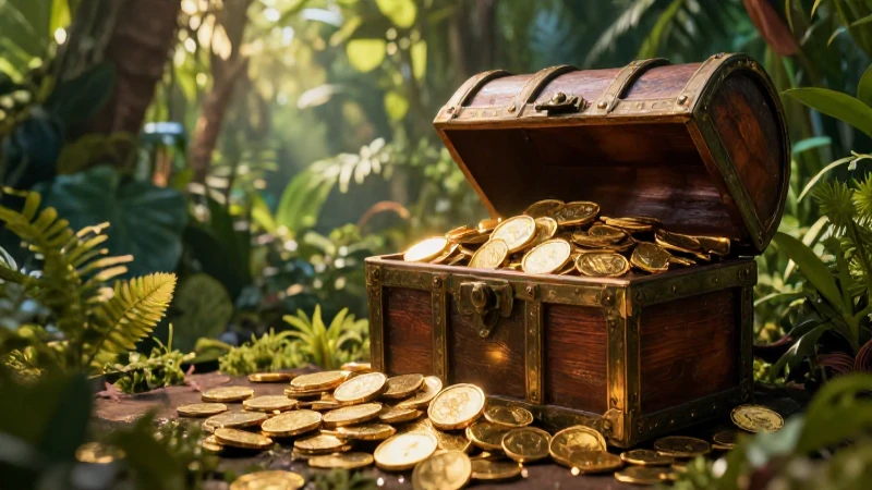 Cofre antiguo repleto de oro, exuberante y vibrante