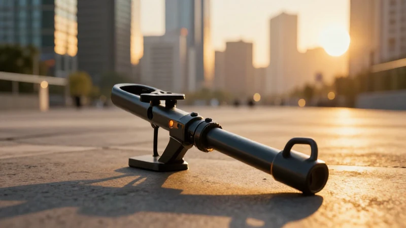 Metal detector en ciudad futurista dorada
