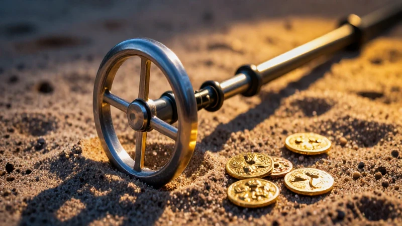 Monedas antiguas en arena, luz dorada dramática