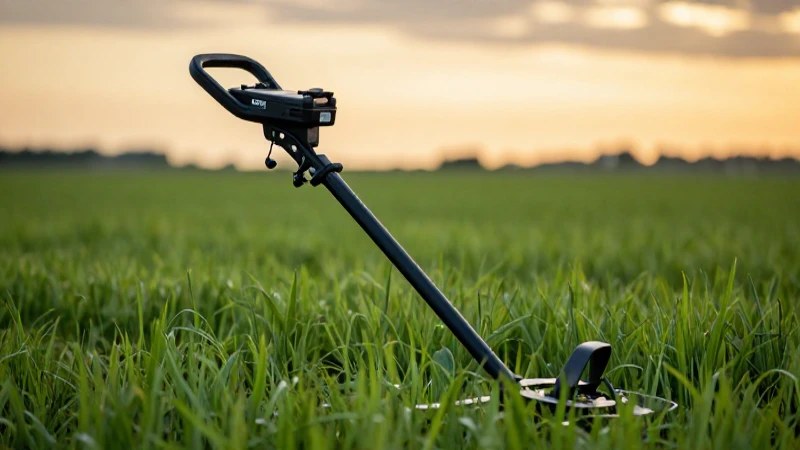 Detector metálico en campo verde y dramático