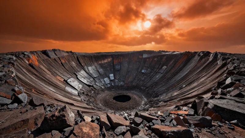 Crater rocoso impactado bajo cielo anaranjado vibrante
