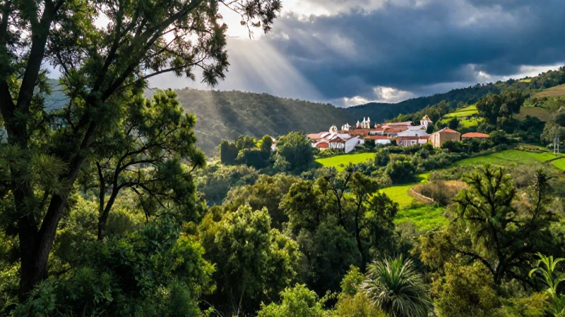 Paisaje exuberante y pueblo en el fondo
