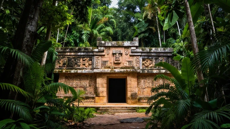 Tumba Maya en selva, luz cinematográfica intensa