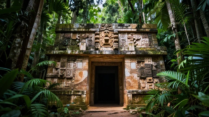 Entrada maya antigua, exuberante y dramática