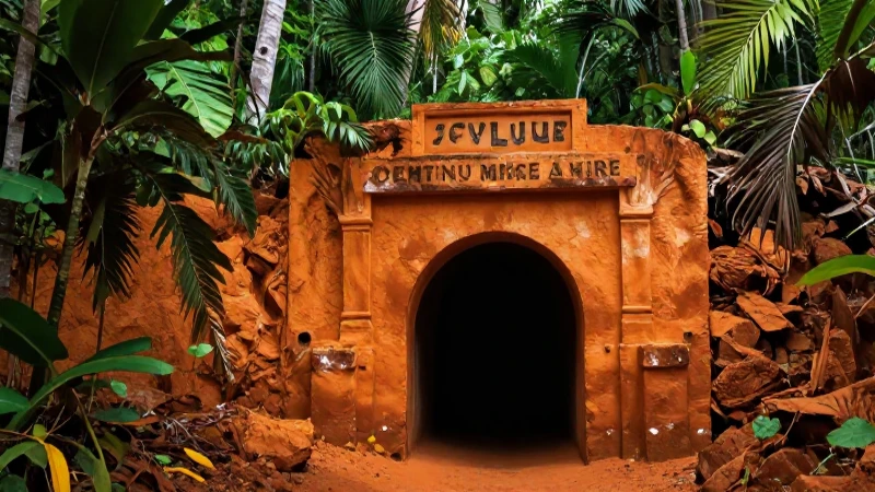 Entrada minera ocre en selva vibrante