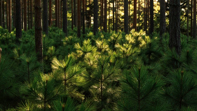 Bosque pino vibrante en luz dorada