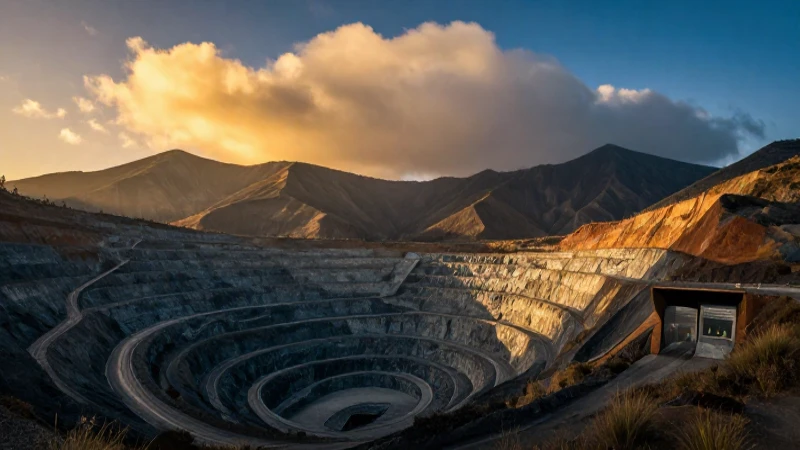 Entrada minera bajo cielo dorado e impresionante
