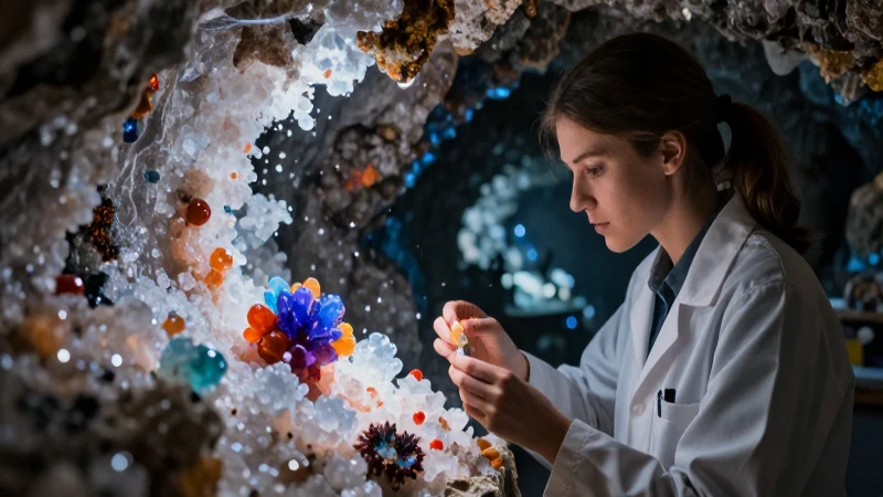 Geóloga estudia minerales en mina iluminada dramáticamente
