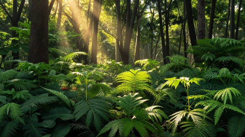 Selva exuberante iluminada con cálida luz