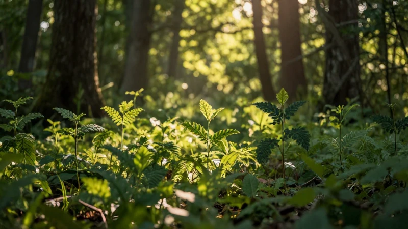 Selva exuberante, luz cálida y realista