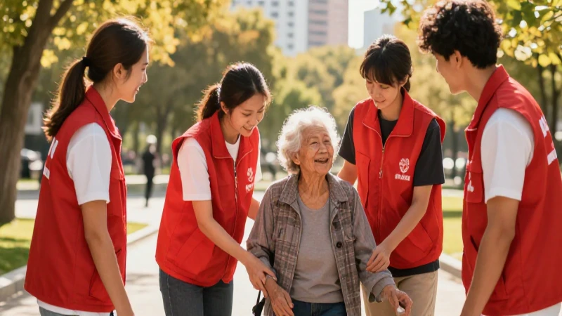 Voluntarios ayudan a anciana en parque soleado