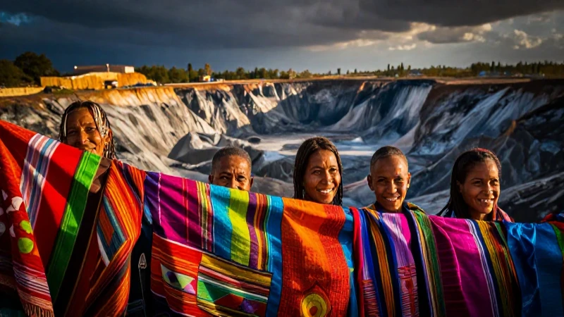 Comunidad sonriente en paisaje minero vibrante