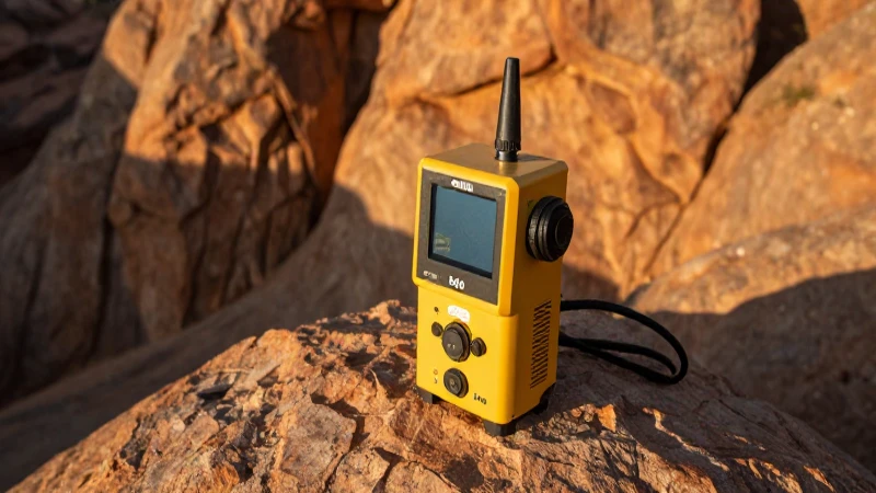 Escáner mineral en campo con iluminación dorada