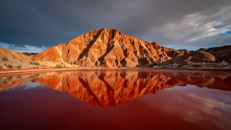 Paisaje minero rojo con luz dramática